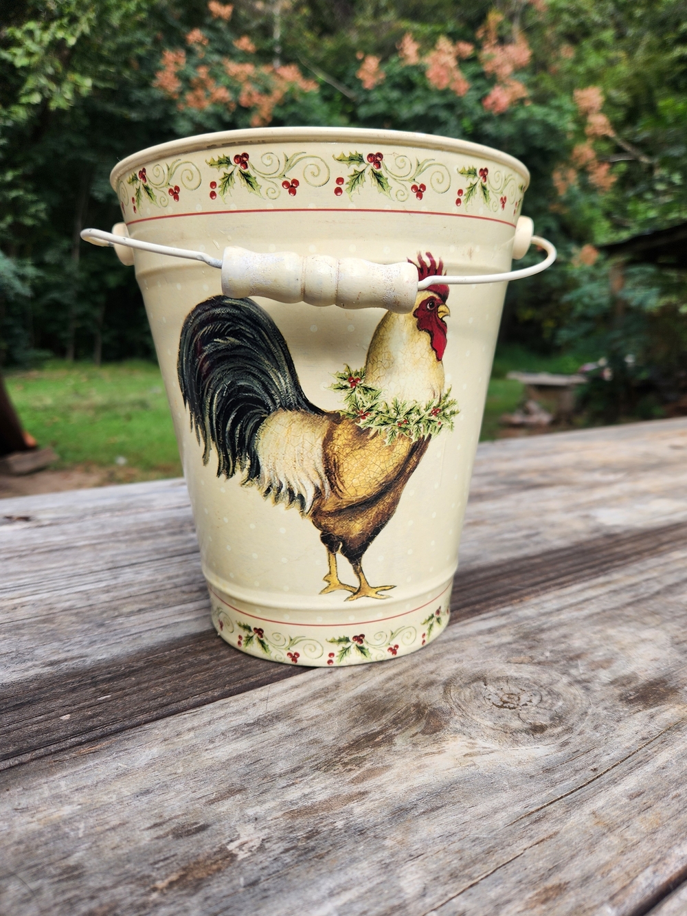 Cream Rooster Metal Decorative Bucket - Farmhouse Home Art